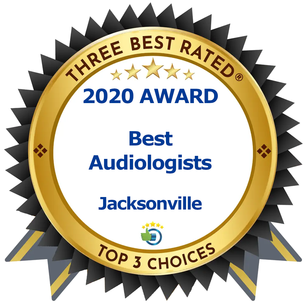 A gold and black badge reads Three Best Rated 2020 Award: Best Audiologists, Jacksonville, Top 3 Choices, with a small blue and green icon at the bottom.