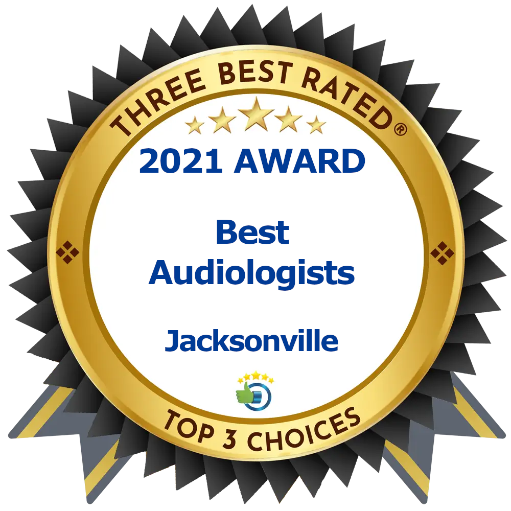 A gold and black seal reads THREE BEST RATED, 2021 AWARD, Best Audiologists, Jacksonville, TOP 3 CHOICES with a small blue and green logo at the bottom.